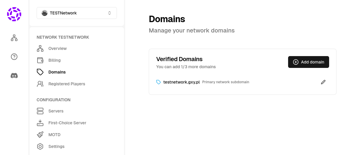 view of domain tab for the selected Network