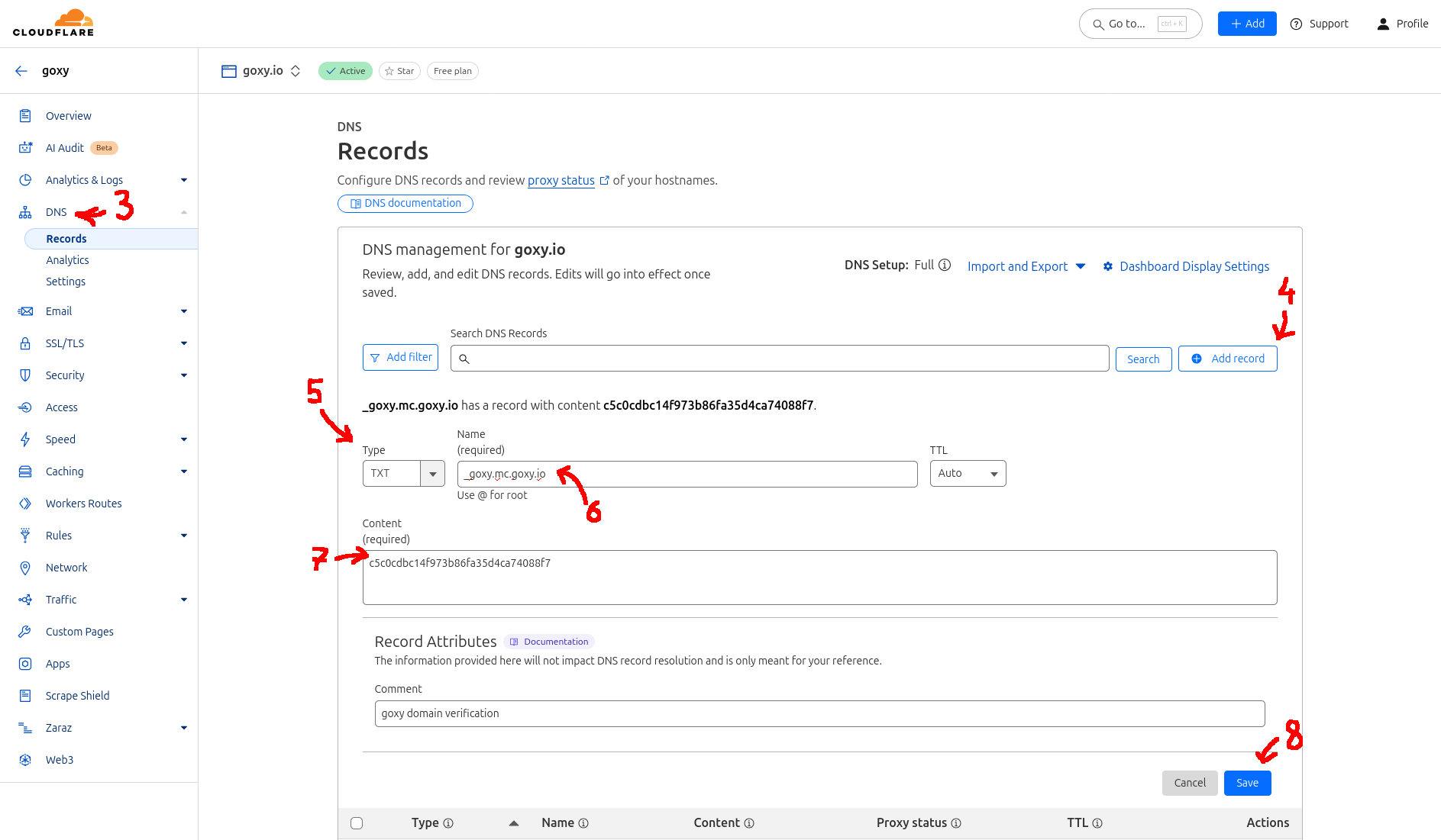 Formularz dodawania nowego rekordu DNS w panelu Cloudflare